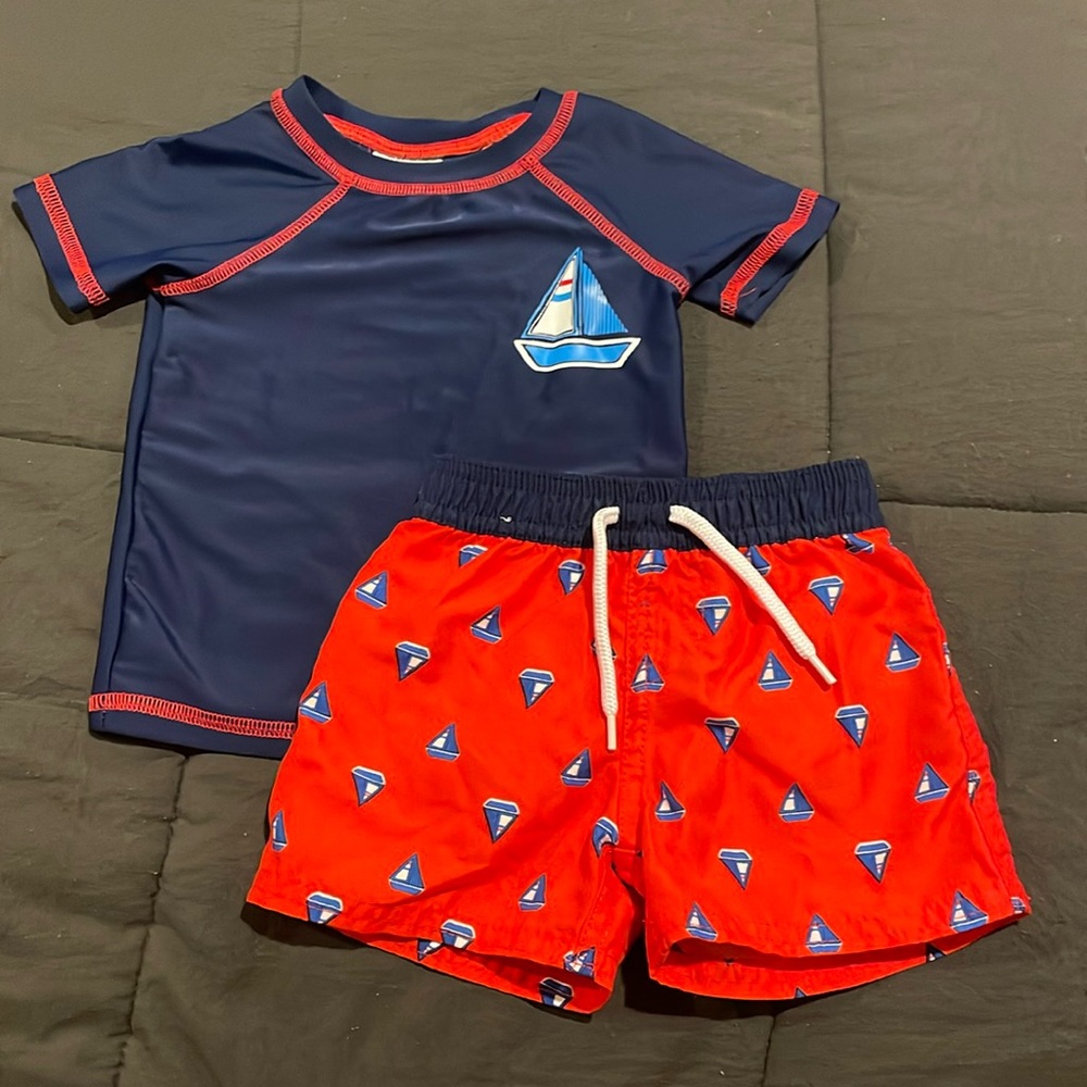 Cute sailboat 6m swimming trunks and rash guard